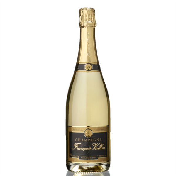 En kasse med 6 flasker Champagne Francois Vallois Blanc de Blancs 2007 Brut, 75 cl